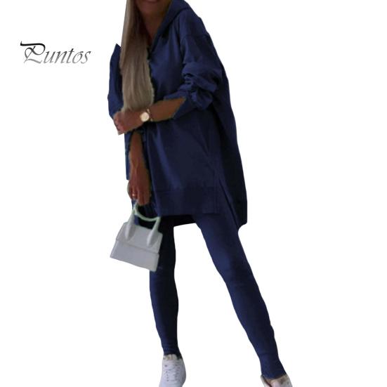 

2 шт./комплект женский топ брюки комплект с капюшоном длинный рукав разрез низ толстовка эластичная талия облегающие брюки спортивный костюм для фитнеса S темно-синий