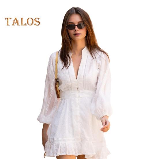 

Женское платье осень-весна со шнуровкой, узкая талия, однотонное, трапециевидное, однобортное, с длинными рукавами, V-образным вырезом, оборками по низу, мини-платье для свиданий и путешествий M белый