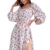 Printed Square Neck A-line Dress Women's Temperament Sexy Backless Slit Tied Dress Spring 2025