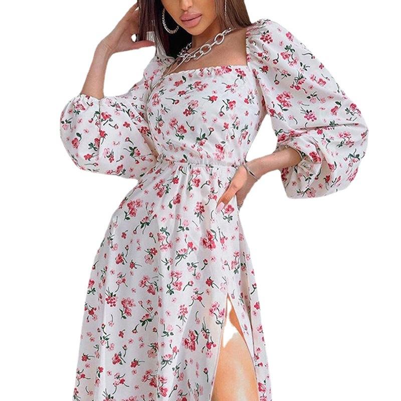 Printed Square Neck A-line Dress Women's Temperament Sexy Backless Slit Tied Dress Spring 2025