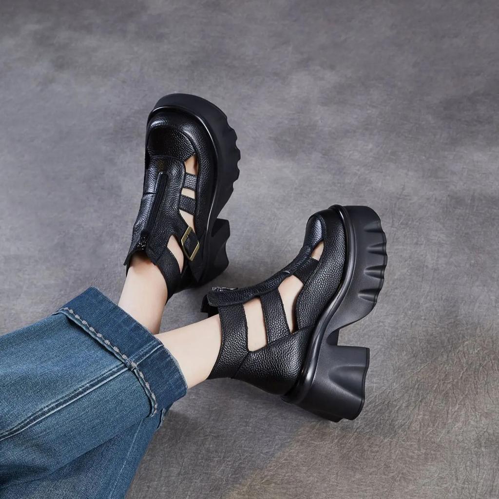 Johnature Sandale Romane Retro Piele Naturală Platformă Groasă Fermoar Botine Decupate Femei