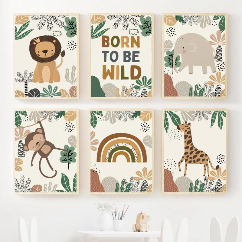 Löwe Giraffe Elefant Affe Regenbogen Blatt Wandkunst Leinwandmalerei Dschungeltier Poster und Drucke Bilder Baby Kinderzimmer Dekor