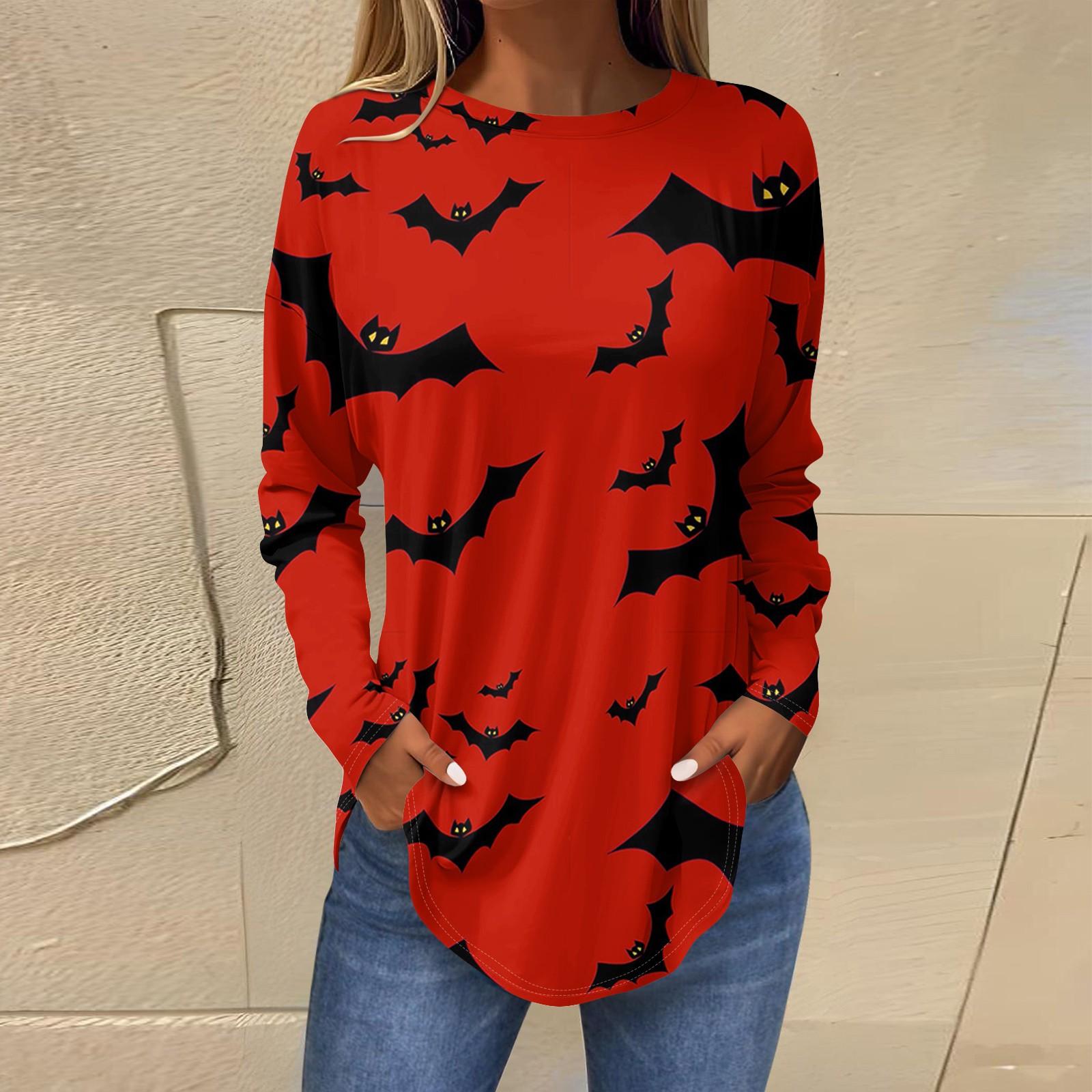 

Футболки для женщин, осенние повседневные рубашки с длинными рукавами, толстовка, винтажный топ с графическим принтом, пуловер на Хэллоуин S красный