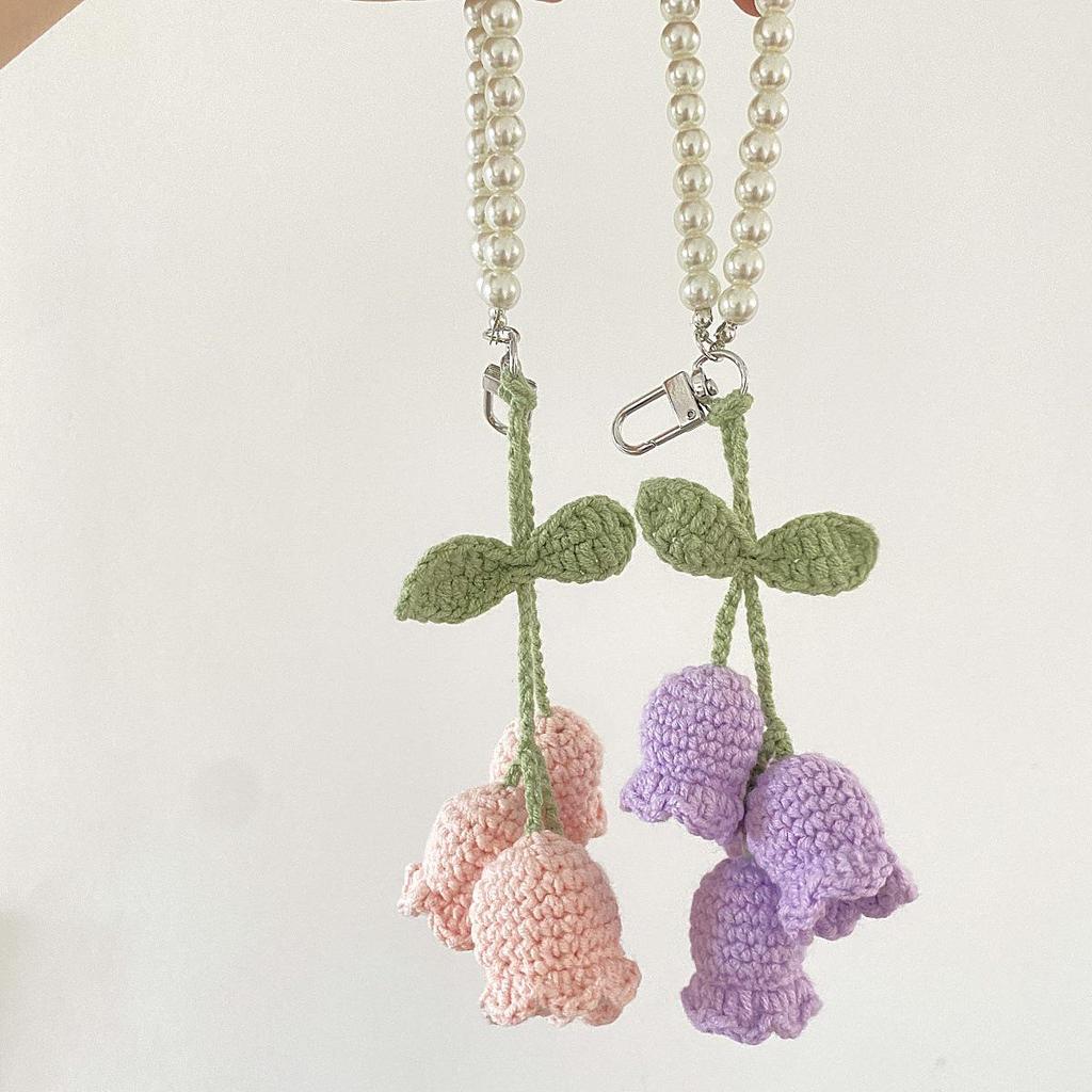 Korean Style Cute Girl Pearl Chain Lily of the Valley Crochet Knit Keychain with Decorative Buckle