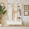 Wardrobe Set with Bench, Multifunctional Storage Bench, Open Storage, 6 Golden Hooks And Feet, Suitable for Hallway, Living Room, White