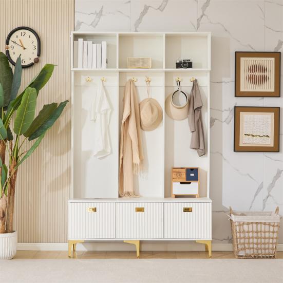 Wardrobe Set with Bench, Multifunctional Storage Bench, Open Storage, 6 Golden Hooks And Feet, Suitable for Hallway, Living Room, White