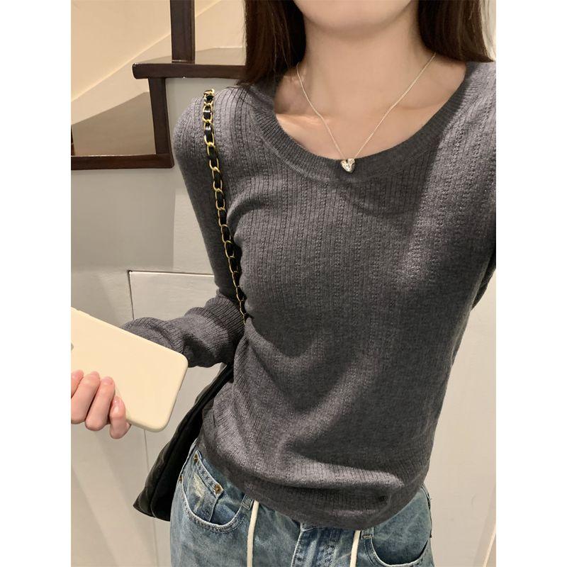 Kumikumi Simple Basic Style Solid Temperament Long Sleeve Knit Women Clothes Autumn Slimming Versatile Base Top