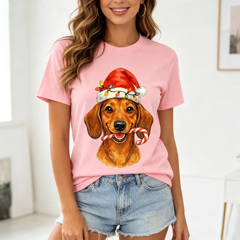 Watercolor Christmas Dachshund Tee Unisex Santa Hat Candy Cane Dog Casual Short Sleeve T Shirt 100Cotton Tee Harajuku Y2k Top