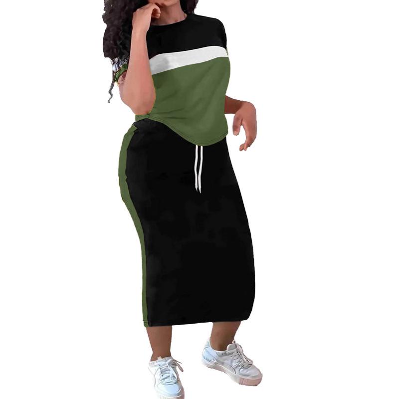 

Plus Size Color Block Round Neck T-shirt Dress Two-Piece Set for Women Medium