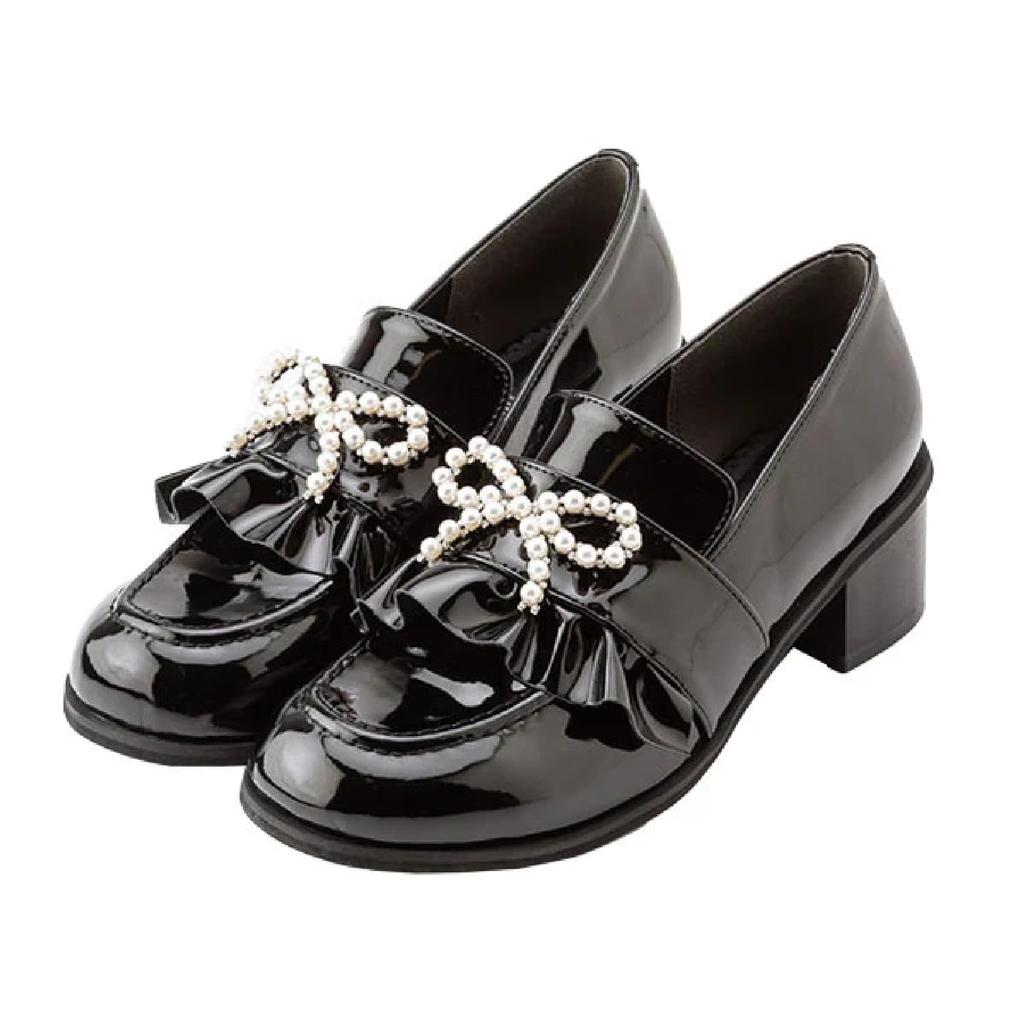 Yumetenbo Women's Pearl Ribbon Loafers, Size 23.0 cm, 5cm Enamel, 532465, Mass-Produced, Landmine Style.