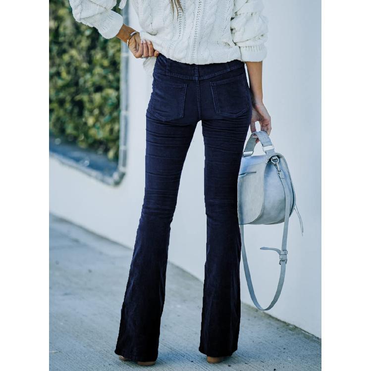 2026 Spring/Summer Women's Solid Color High-Waisted Slim Fit Slight Flare Corduroy Elastic Waist Casual Pants