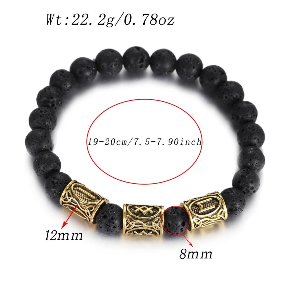 Classic Gold Vikings Runes Bracelet 8Mm Lava Stone Handmade Elastic Jewelry for Women Men