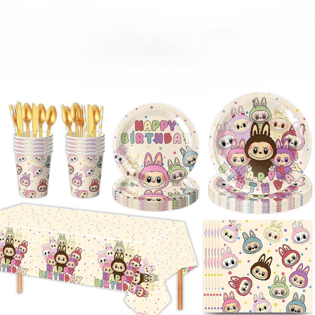 Labubu Cartoon Party Tableware Set, Disposable Tablecloth for Children's Birthday Decoration, Birthday Arrangement