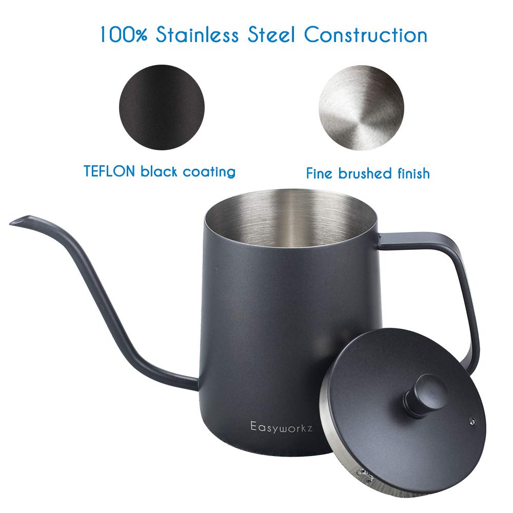 Easyworkz Gooseneck Kettle, 600ml, Stainless Steel Coffee Pot, Hand Drip Tea Pot [Black]