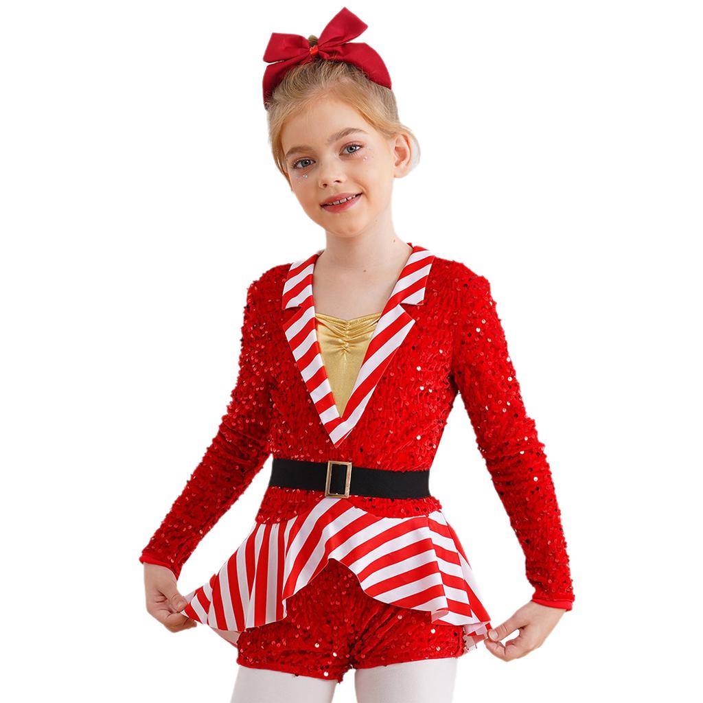 Kids Girls Candy Cane Striped Sequins Ballet Dance Shorty Unitard Dress Christmas Costume Moden Jazz Latin Performance Dancewear