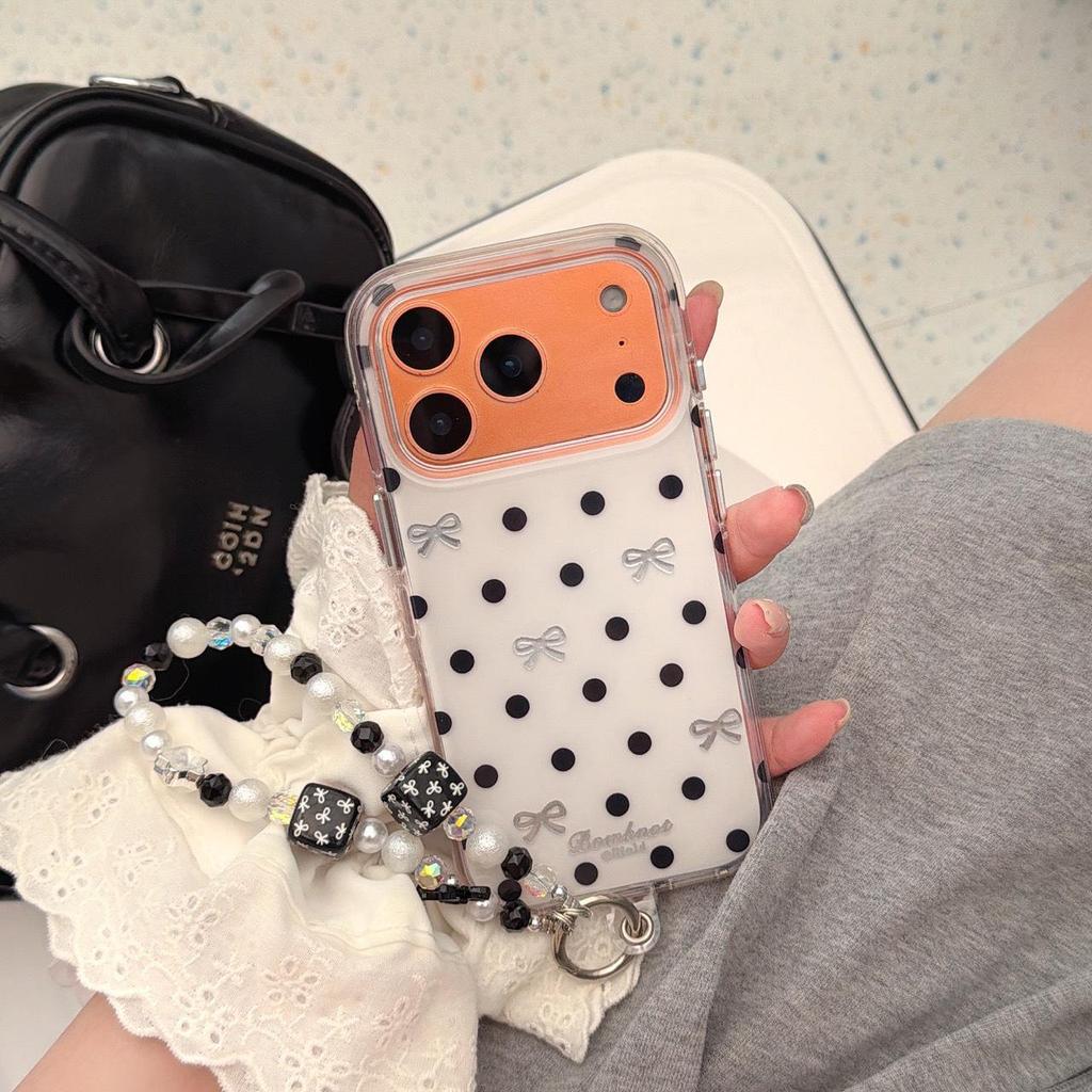 Simple Black and White Polka Dot Bow Phone Case for iPhone 17 Pro Max/16, Double Layer Design for Models 15/14.