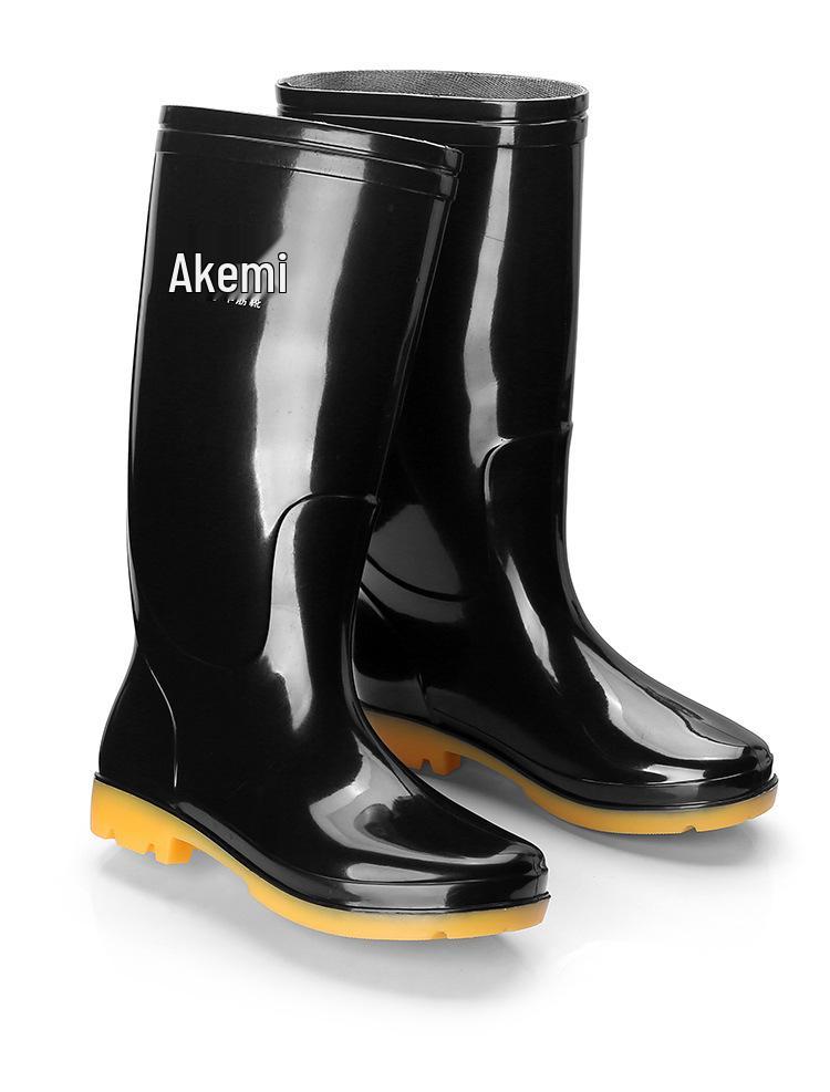 Men's Waterproof Mid & High-Calf Rain Boots: Non-Slip, Fashionable, Warm, Acid & Alkali Resistant, Rubber Sole for Kitchen Work.