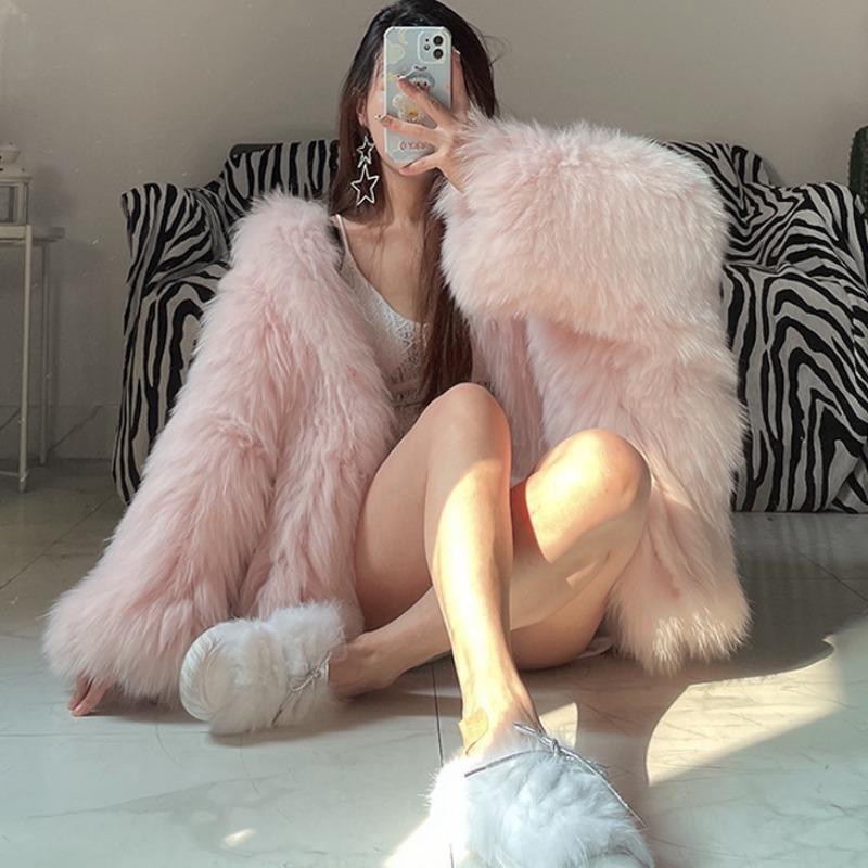 New Imitation Fox Hair Woven Hooded Bat Sleeve Long Sleeve Slim Imitation Fur Fur Coat Women