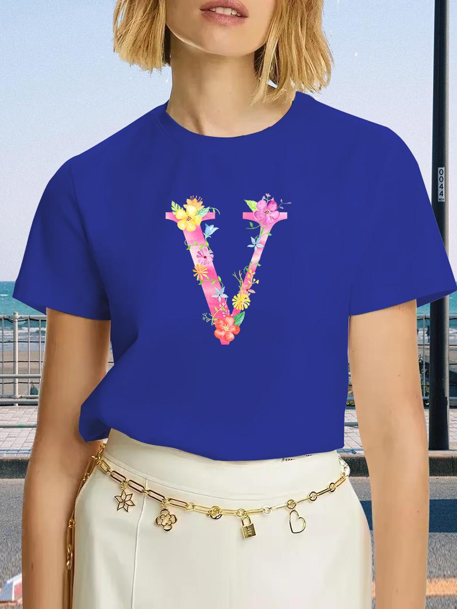 

Женская футболка с принтом букв V и цветов, модная, больших размеров, повседневная, с буквенным узором, летняя, свободного кроя, одежда в стиле харадзюку 4XL