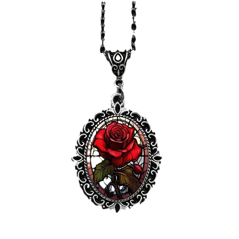 Pendant an Elegant Red Rose, Oval Shape, Romantic Jewelry Necklace