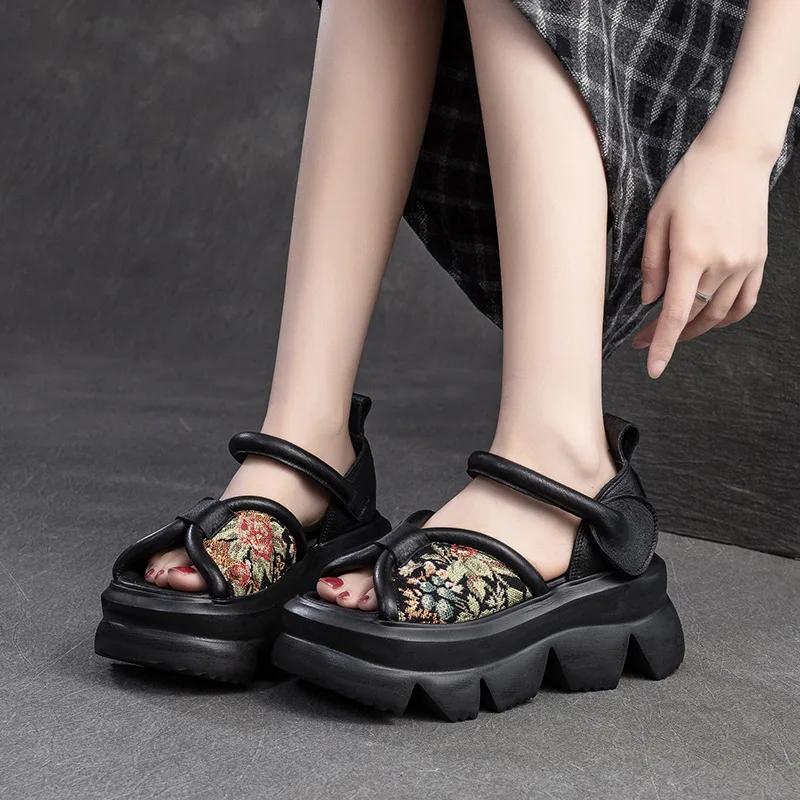 Fashion 7CM Stretch Fabric Women Sandals Cow Genuine Leather Platform Flats Chunky Sneakers Elastic Moccasins 2025 Fashion Natural Shoes