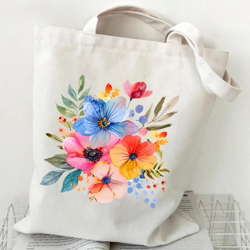 Elegant Wildflowers Aesthetic Canvas Handbag Reusable Floral Shopping Tote Bag for Women