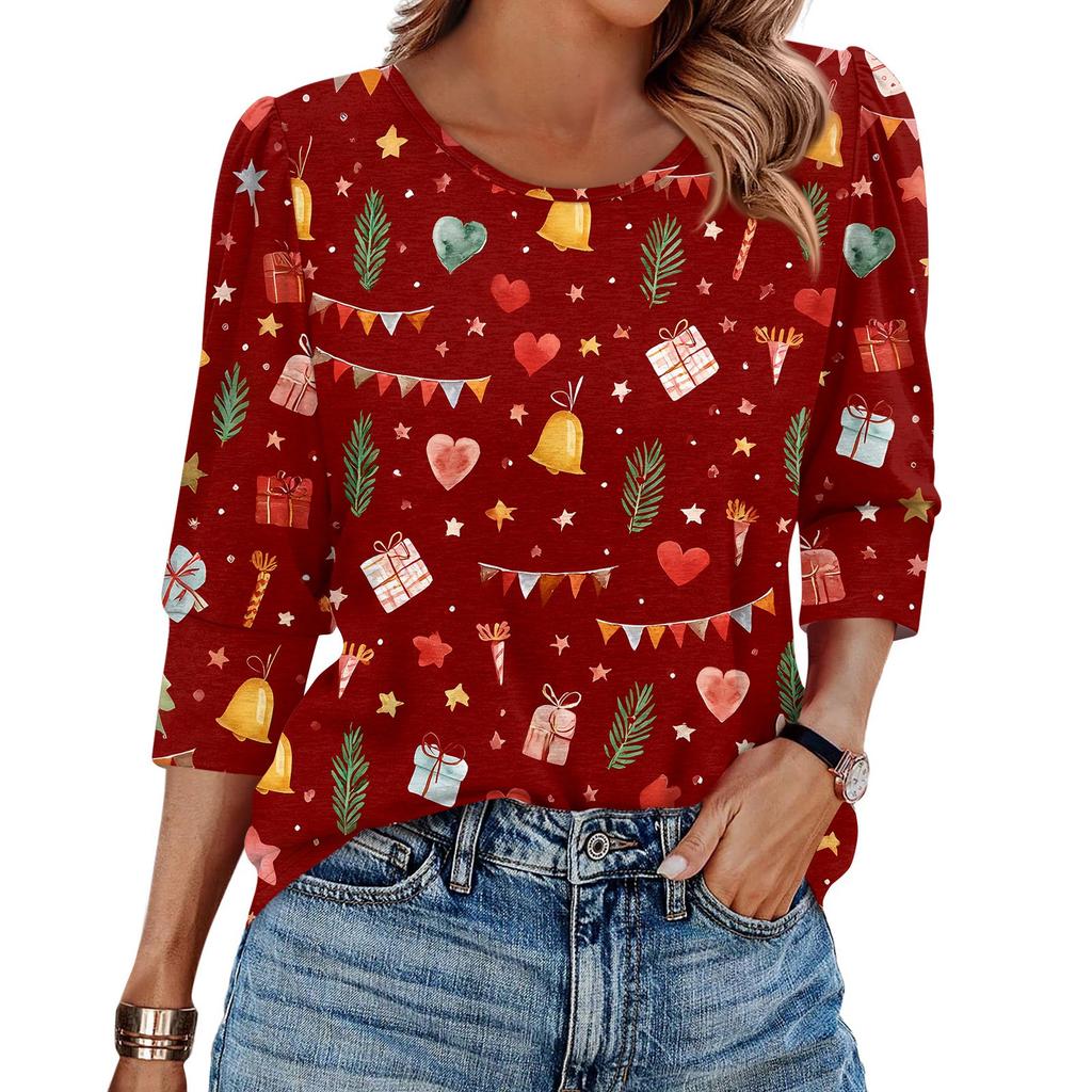 Women's Fashion Casual 3/4 Christmas Print Color Shirt Women's Round Neck Tops