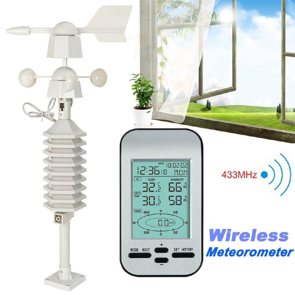 433mhz Professional RF Wireless Weather Station Clock Wireless Anemometer With Wind Speed & Direction Sensor New