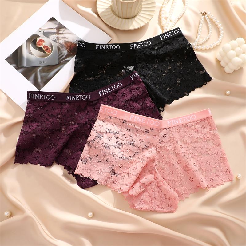 3Pcs Lace Hollow Out Boyshorts Women's Sexy Floral Panties 5 Solid Colours Underwear Letter Belt Briefs Perspective Lingerie