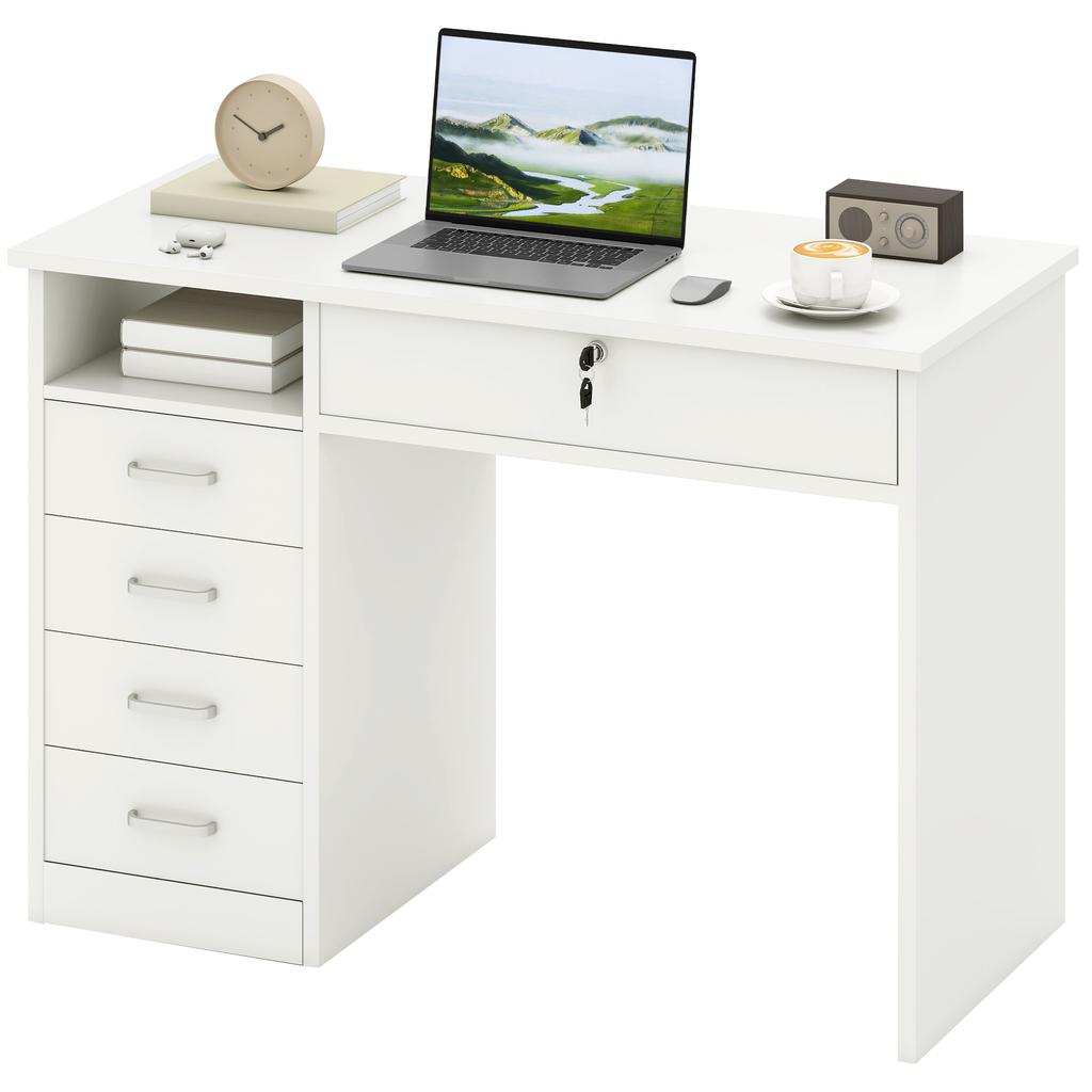 Bureau voor Slaapkamer of Kantoor in Hout met 2 Lades en 2 Sleutels, 110x50x76cm - Wit
