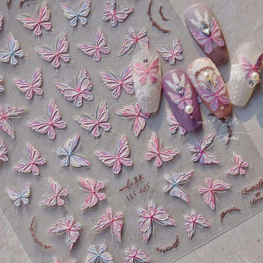 Shiny Jelly Butterfly Charming Golden Gradient Bowknot 5D Self Adhesive Nail Art Sticker Flower Petal Rhinestone Manicure Decals