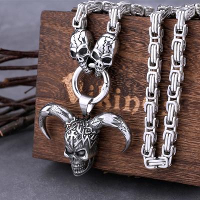 Gothic Stainless Steel Satan Skull Necklace Biker Mens Thick Box Chain Pendant Jewelry Punk Hip Hop Club Silver Color Necklace