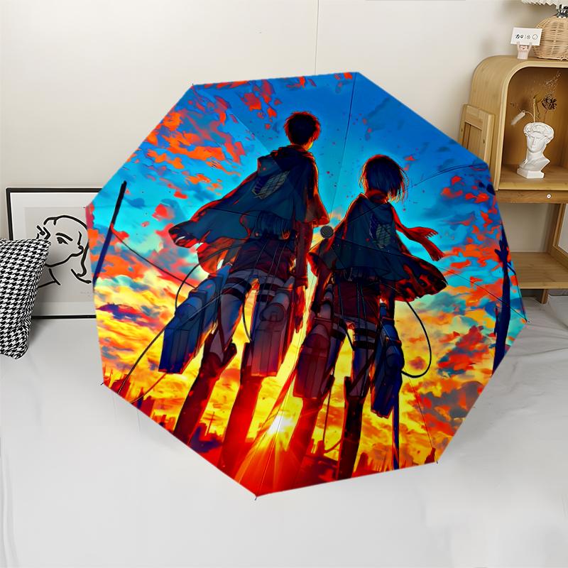 Attack On Titan Print Automatic Umbrella, 8 Rib Iron Frame, Plastic Handle, Suitable for Outdoor Travel &Daily , Ideal Gift