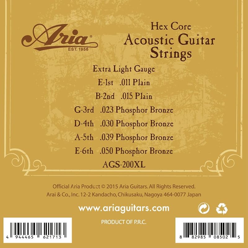 ARIA Acoustic Guitar Folk Guitar Strings, Extra Light Phosphor Bronze, AGS-200XL