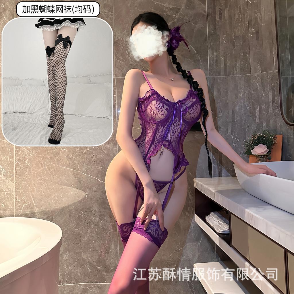Sex underwear, sexy lace, pure desire hollowed-out strap set, pajamas, purple lace waist uniform set.