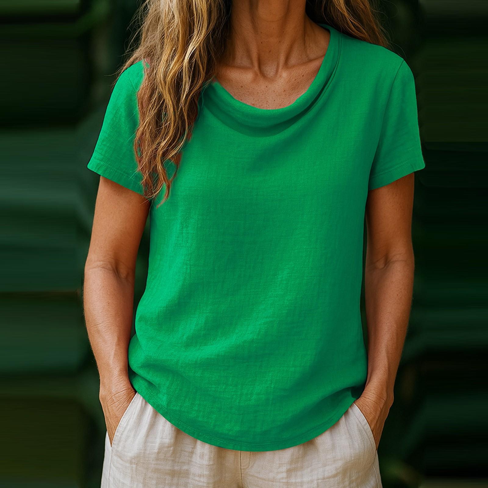 

Women s Casual Loose Fashion Short Sleeve Solid Color Pile Collar Pullover Pleated T-shirt L зелений