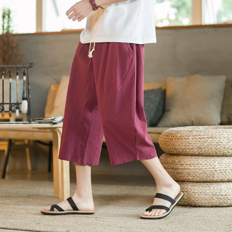 Loose Cotton Linen Men's 7/8 Pants Summer Casual Wide Leg Orts Breathable Comfortable Loose Fit M Model Beach Sle