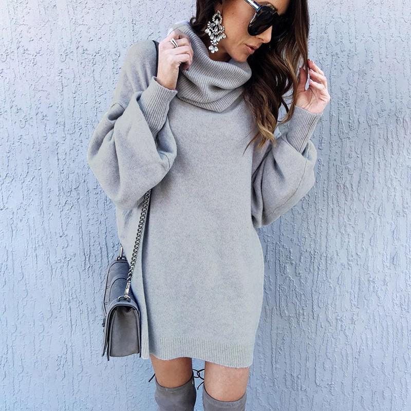 Women's High Neck Knit Pullover Dress - Autumn Winter, Long Sleeve, Loose Wool