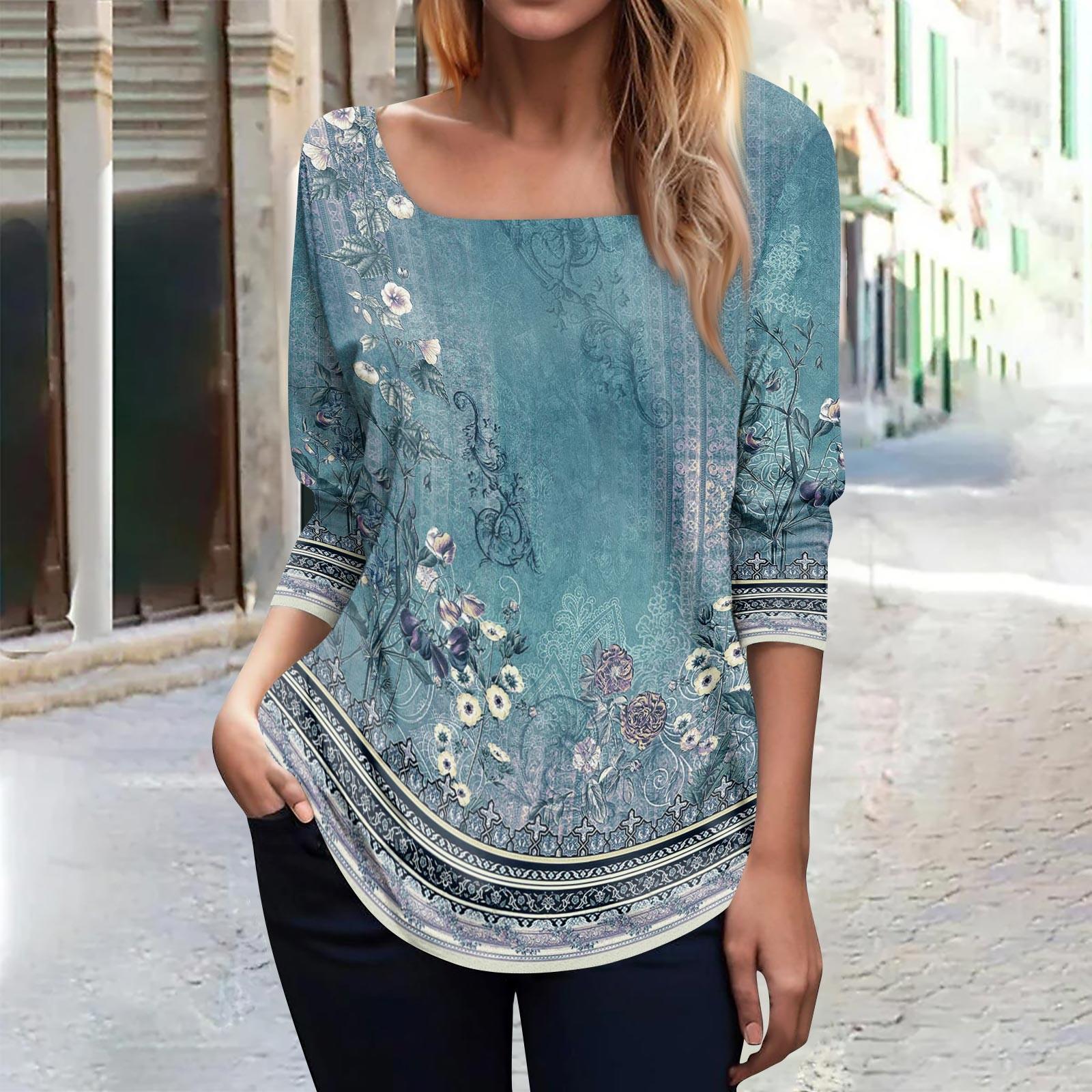 

Женская модная футболка с квадратным вырезом и длинным рукавом в стиле ретро с цветочным принтом, топ L