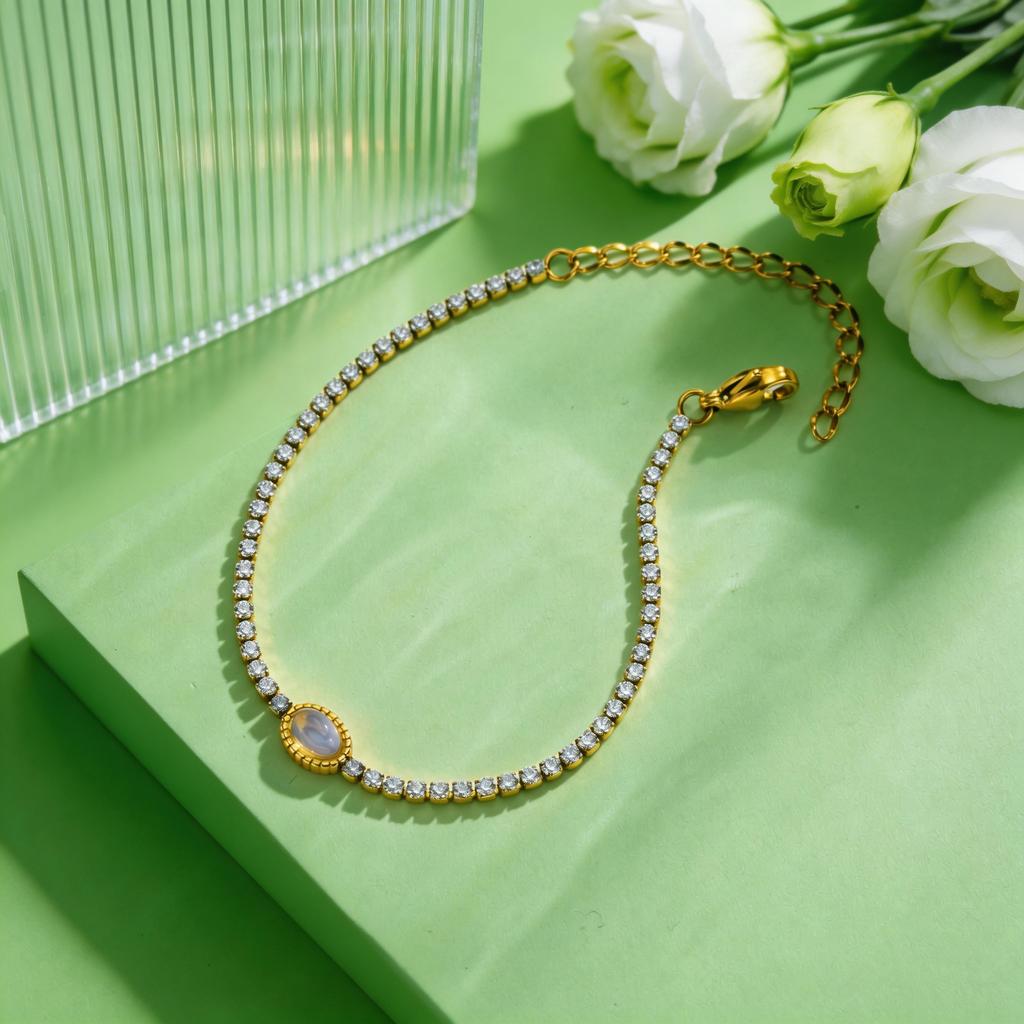 Dainty Moonstone Tennis Bracelet for Women Stainless Steel CZ Crystal Chain Bracelets Zircon Vintage Jewelry Gift for Her