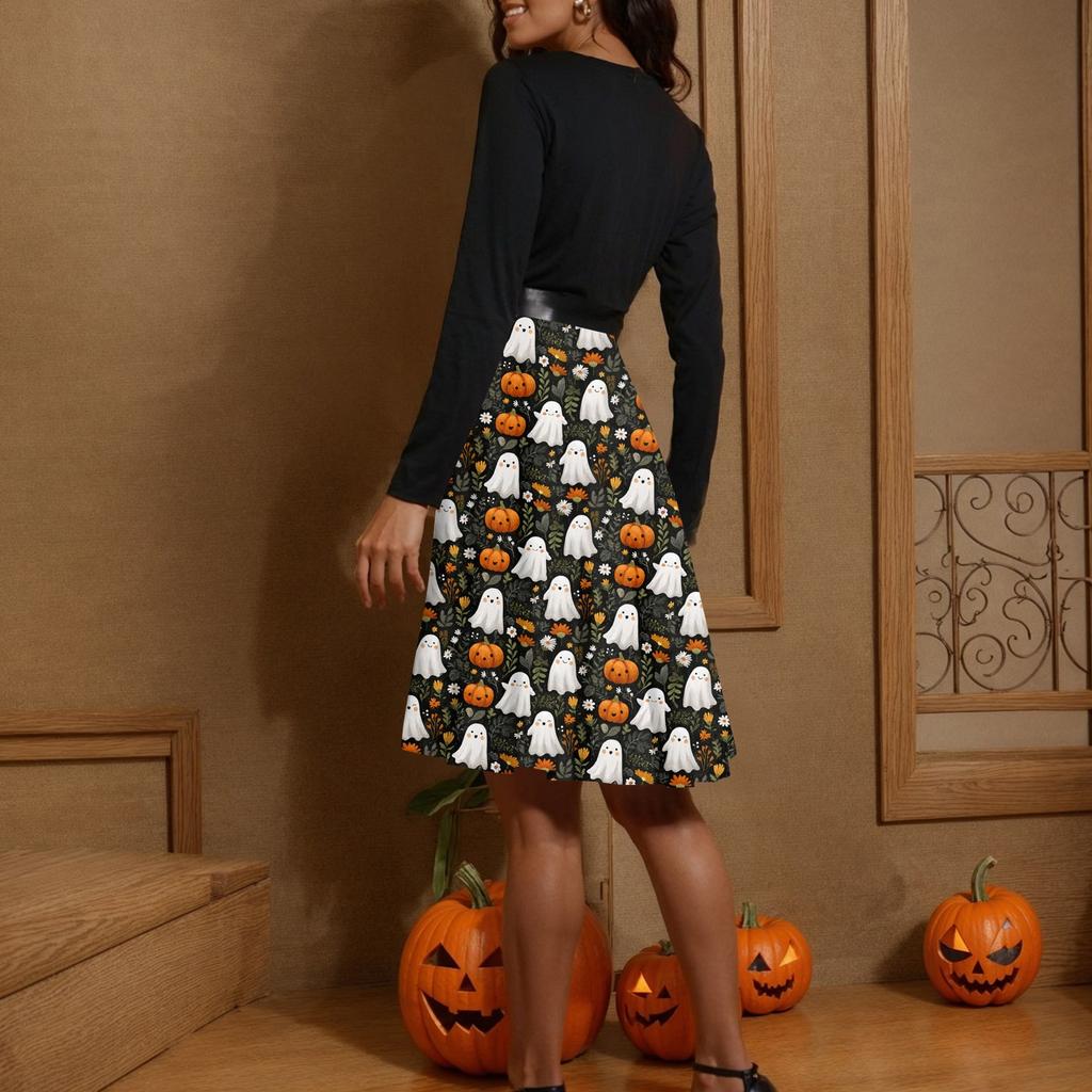 Moda casual feminina manga longa Halloween gráfico impresso vintage vestidos longos