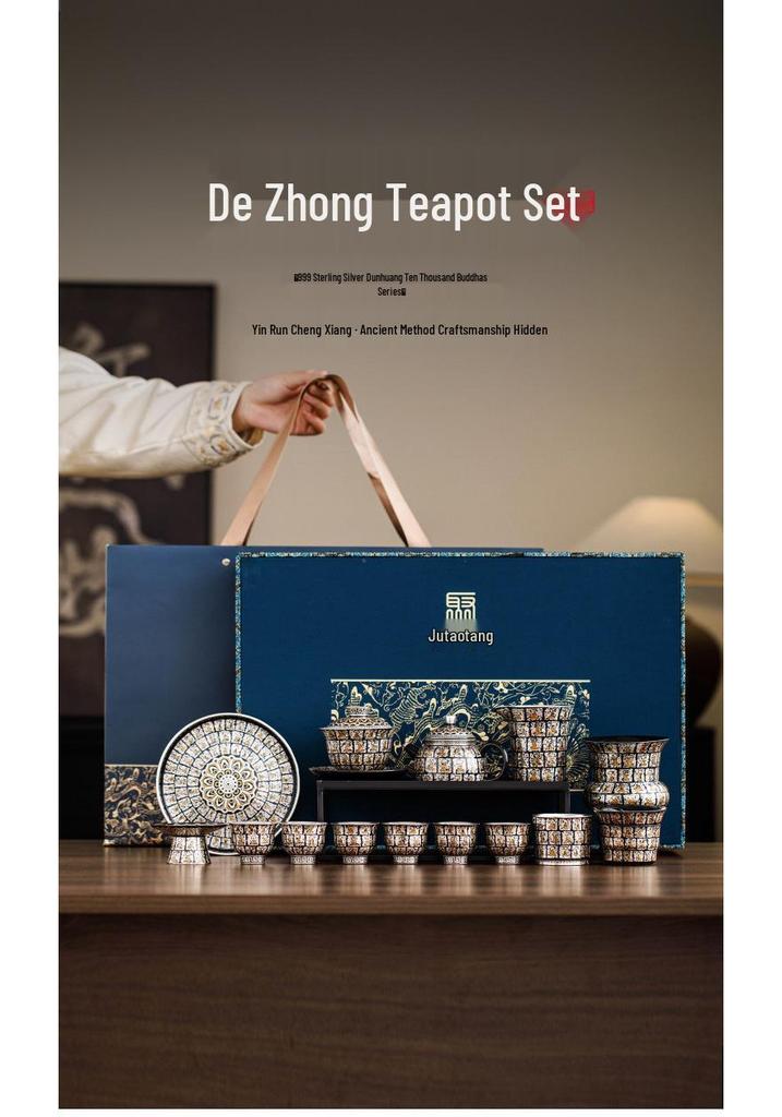 Sterling Silver Dunhuang Ten Thousand Buddhas Tea Set: Luxury Gift Box for New Year, Birthdays & Elders