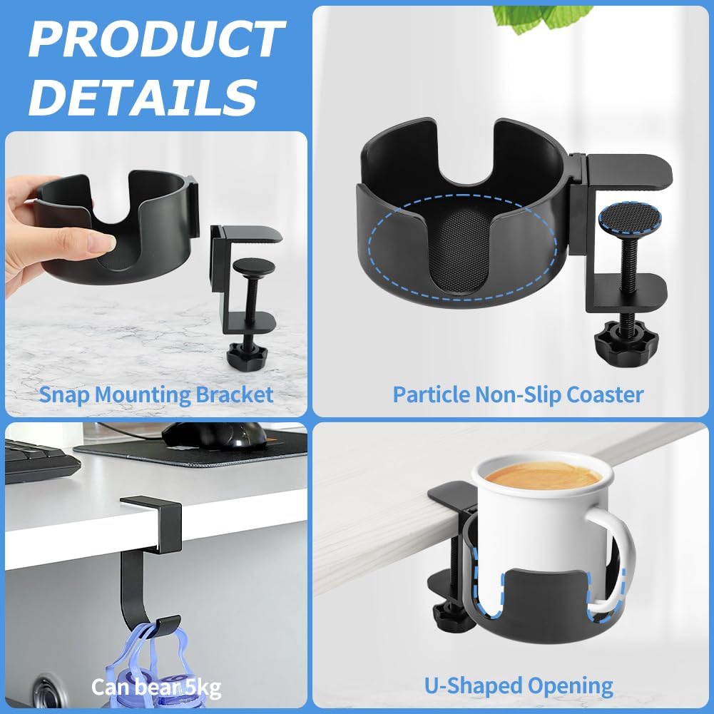 Desk Cup Holder Clamp W/Desk Hook,Large Anti-Spill Cup Holder Clamp, Easy to tall Table Cup Holder,Desk Drink Bottle Holder for Coffee Mups,Water