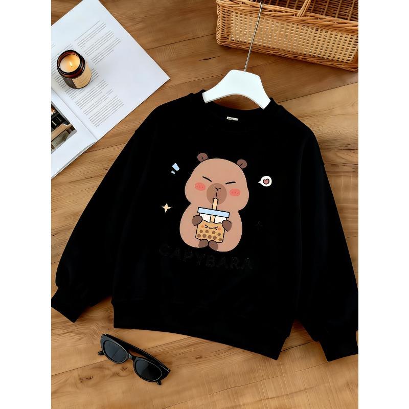 Kids Sweatshirt Crewneck Sweatshirt , Fashionable  Sweatshirt with Capybara Milk Tea Cartoon Print, Kids' Fashion Casual Wear