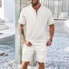 Men's Waffle Collar Solid Color Short Sleeved Shorts Casual Set