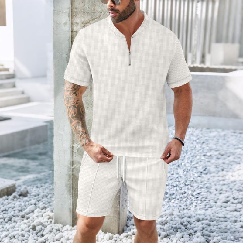 Men's Waffle Collar Solid Color Short Sleeved Shorts Casual Set