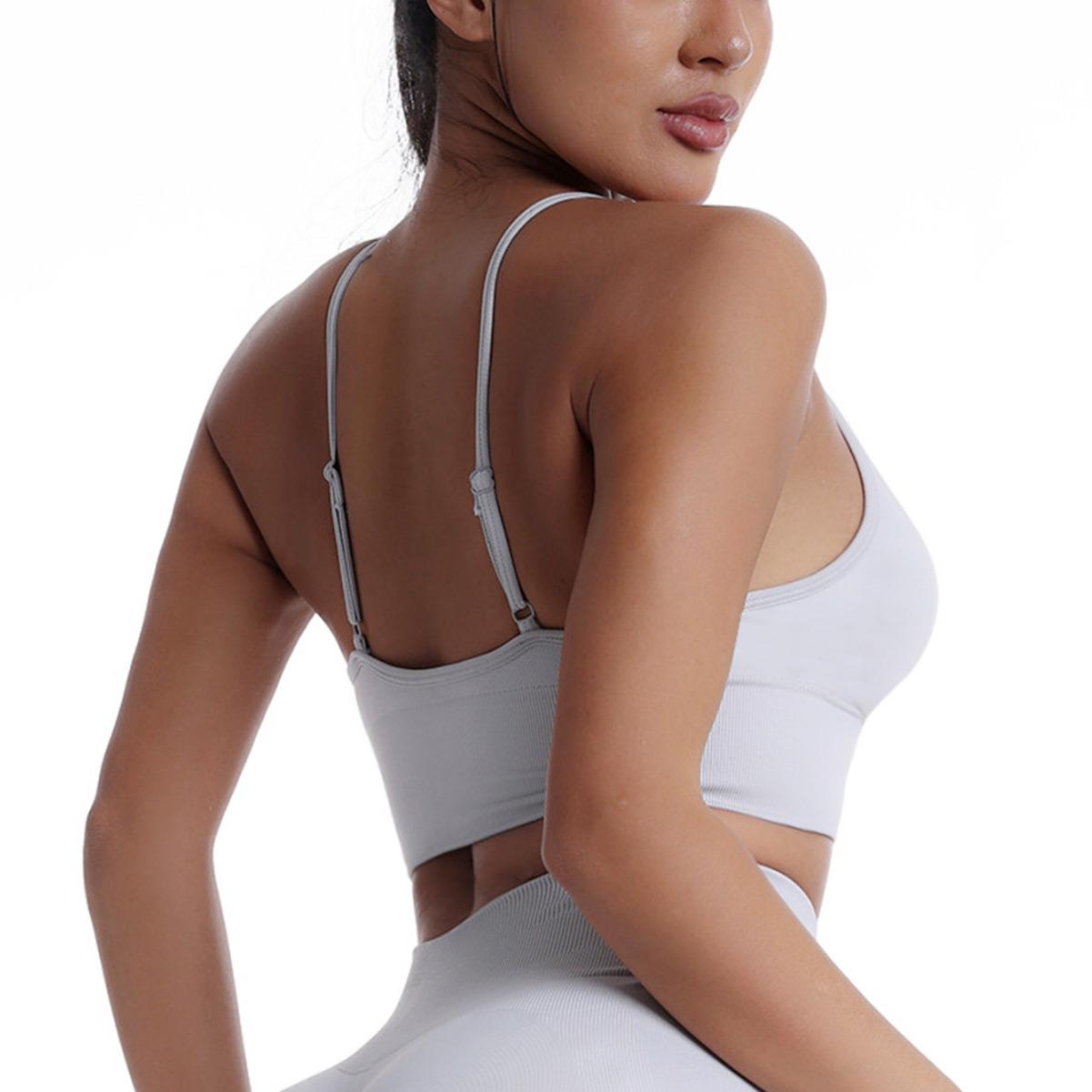 

Женский бесшовный спортивный бюстгальтер кросс-боди на тонких бретелях, со съемными вкладышами и однотонный Medium светло-серый