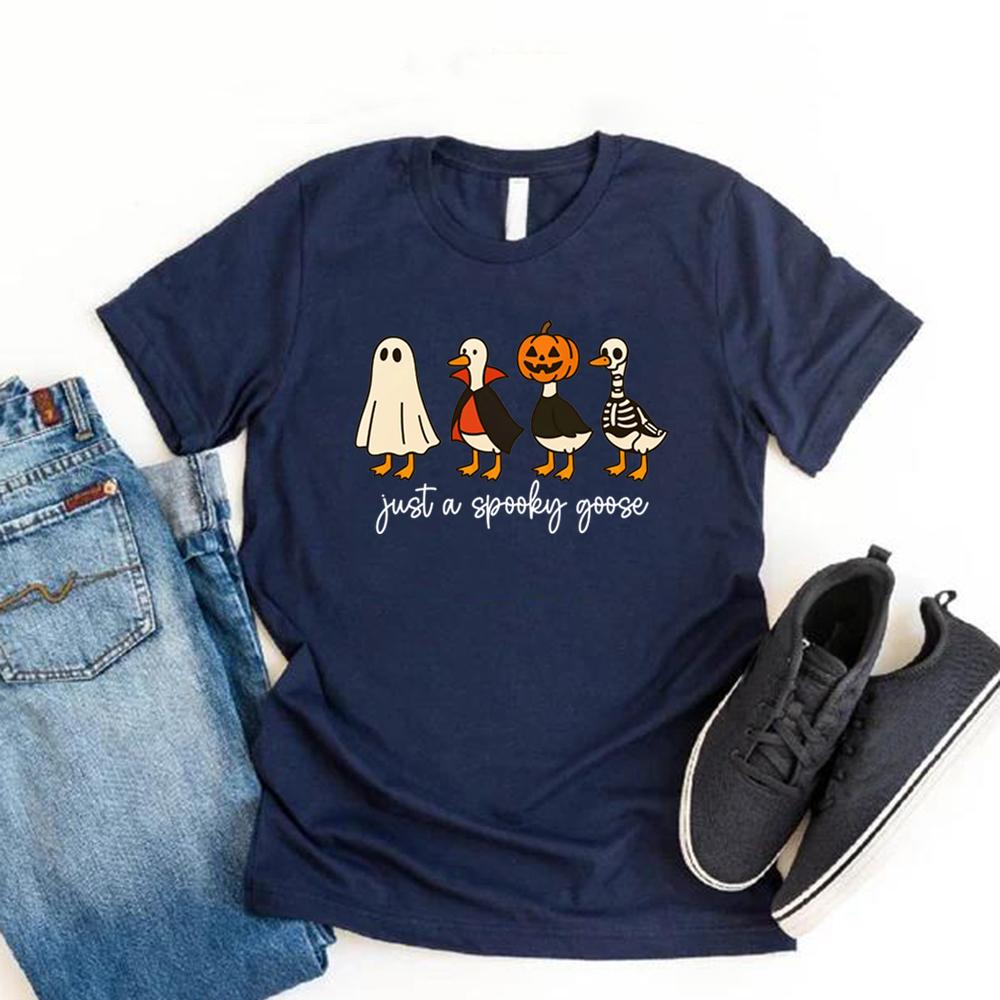 Just A Spooky Goose Tshirt Funny Halloween Goose T Shirt Unisex Women Short Sleeve Graphic Tees Cute Horror Tshirt Halloween Gift