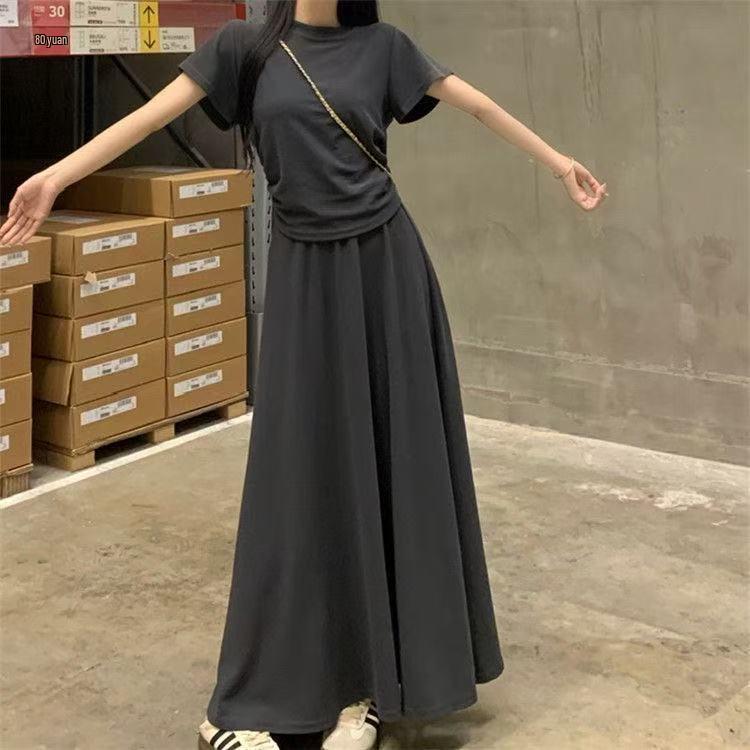 

Simple Summer Stylish T-Shirt & Skirt Set - Solid Color Two-Piece Short Sleeve Outfit M: Recommended 90-110 jin серый
