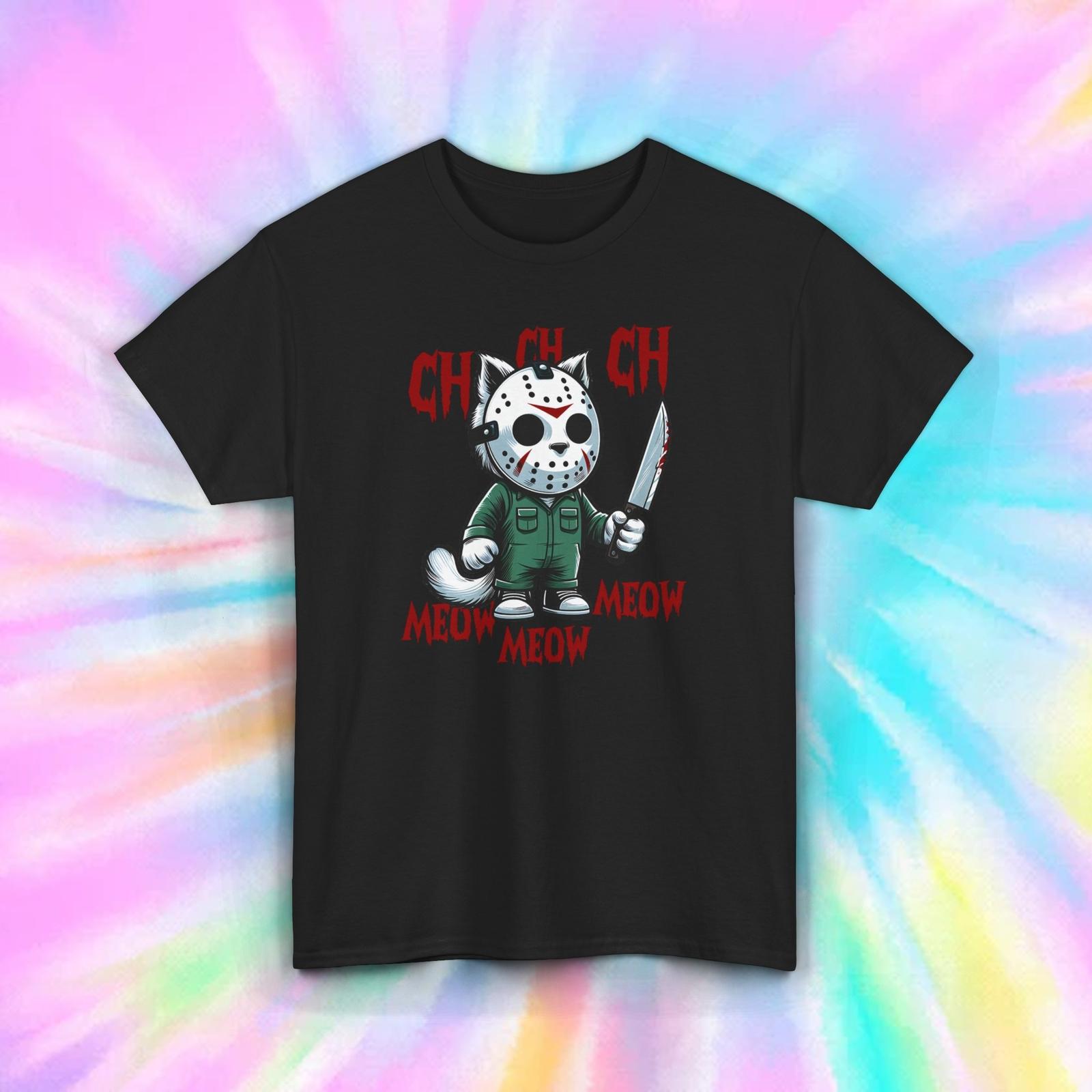 Horror Cat T-Shirt Mens Womens Tees Top | Jason Mask Meow Funny Halloween Graphic Tee | S-5XL XL